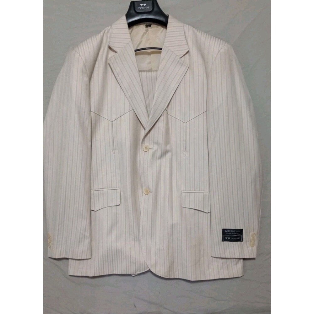 Vintage NOS Twinstone Western Yoke Rockabilly Suit 44/30 Ivory & Blue Stripe